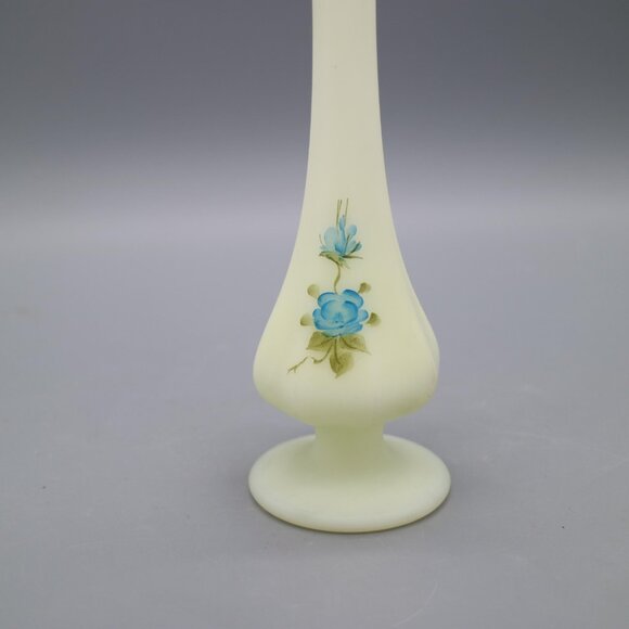 Fenton Yellow Satin Custard Glass Hand Painted Bud Vase Blue Satin Roses Signed - Picture 7 of 9